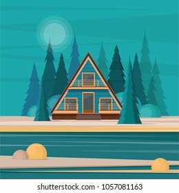 A-frame cabin house in the middle of fir forest on the lake. Flat vector illustration