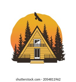 A-frame cabin house in the middle of fir forest at sunset. Rest at nature. Eco tourism concept. Vector illustration in minimalist style 