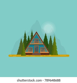 A-frame cabin house in the middle of fir forest. Flat vector illustration