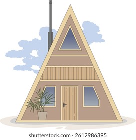 A-frame cabin. Tiny, cozy wooden house. Small summerhouse building exterior. Rural landscape. Off-grid house. Vector architecture illustration isolated on transparent background.