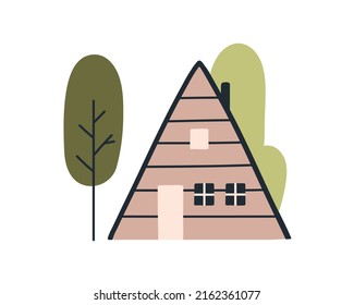 A-frame House Among Trees In Nature. Cute Triangle-shaped Wood Cabin In Scandinavian Style. Nordic Summer Holiday Home. Scandi Colored Flat Vector Illustration Isolated On White Background