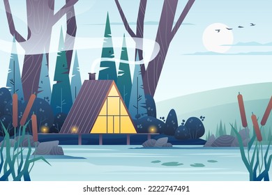 A-frame house landscape. Forest cozy building lake spruce river hills, nature background chalet in wood. Vector banner