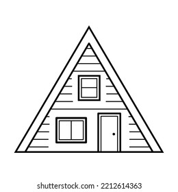 A-frame House. Wooden Triangular Village Home. Doodle Sketch Style. Isolated Vector Illustration.