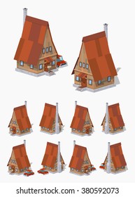 A-Frame wooden house. 3D lowpoly isometric vector illustration. The set of objects isolated against the white background and shown from different sides