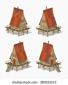 A-Frame wooden house. 3D lowpoly isometric vector illustration. The set of objects isolated against the white background and shown from different sides