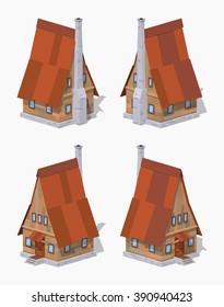 A-Frame wooden house. 3D lowpoly isometric vector illustration. The set of objects isolated against the white background and shown from different sides