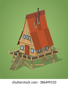 A-Frame wooden house against the green background. 3D lowpoly isometric vector illustration