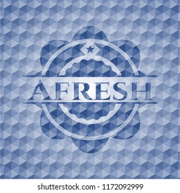 Afresh blue emblem or badge with abstract geometric pattern background.