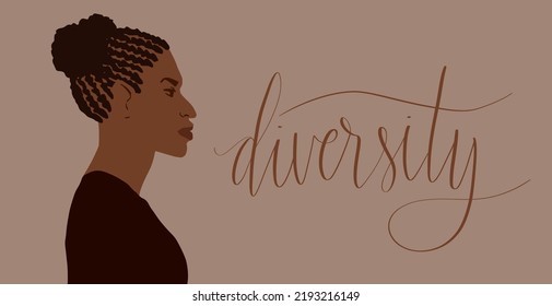 Afrian american woman with hair in double bun. Diversity handwritten lettering illustration. Web banner art