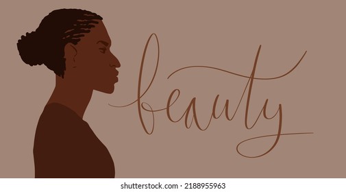 Afrian american woman with long hair in a bun. Beauty handwritten lettering illustration. Web banner art