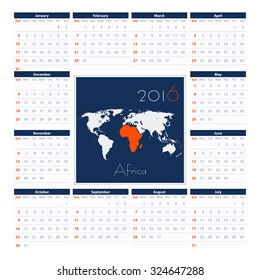 Africa 2016 Calendar Vector Template. Week Starts Sunday.