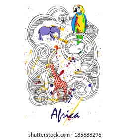 Africa abstract illustration with elephant, giraffe and parrot on a watercolor background. Vector.