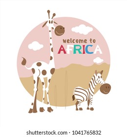 Africa. African cartoon animals. Cute giraffe and Zebra. Welcome to Africa, vector illustration.