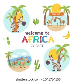 Africa. African cartoon animals. Set of cute illustrations, icons. Nice zebras among the palm trees.  Welcome to Africa, vector illustration.