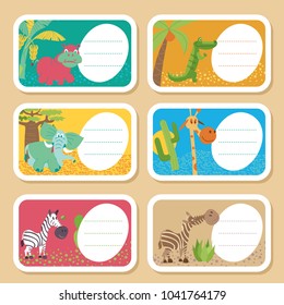 Africa. African cartoon animals. A set of cute tags with different animals. Zebra, elephant, Hippo, crocodile, giraffe.