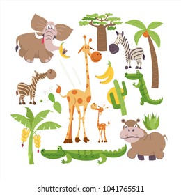 Africa. African cartoon animals. A set of cute clipart flora and fauna of Africa. Giraffe, elephant, palm, Hippo, crocodile, banana, cactus, baobab.