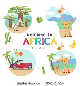 Africa. African cartoon animals. Set of cute illustrations, icons. Giraffes and zebras.  Welcome to Africa, vector illustration.