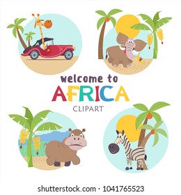 Africa. African cartoon animals. Set of cute illustrations, icons. Giraffes, elephants and zebras.  Welcome to Africa, vector illustration.