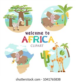 Africa. African cartoon animals. Set of cute illustrations, icons. Giraffes, elephants and zebras.  Welcome to Africa, vector illustration.