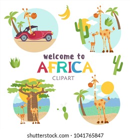 Africa. African cartoon animals. Set of cute illustrations, icons. Giraffes and African trees.  Welcome to Africa, vector illustration.