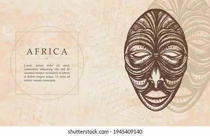 Africa. African ethnic mask. Renaissance background. Medieval manuscript, engraving art