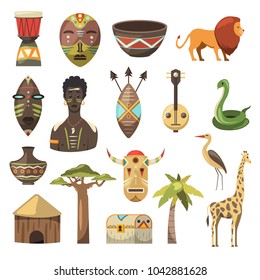 Afrika. Afrikanische Bilder. Vektorsymbole. Giraffe, Maske, Mann, Schlange, Vase, Löwe, Haus, Palme, Baobab