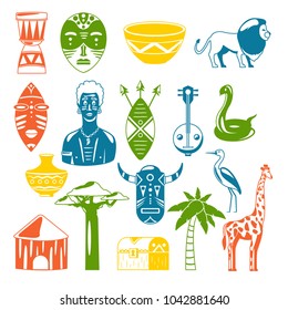Africa. African images. Vector icons. Giraffe, mask, man, snake, vase, lion, house, palm, baobab