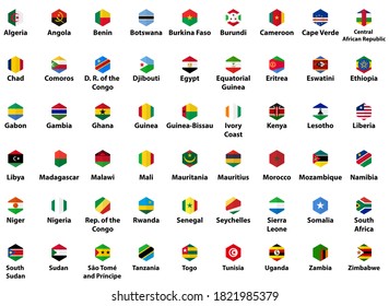 Africa all countries' flags. Hexagon isolated flat style design icons set