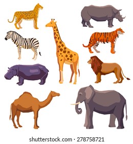 Africa Animal Decorative Set With Leopard Zebra Hippo Giraffe Camel Elephant Lion Tiger Rhino Isolated Vector Illustration 