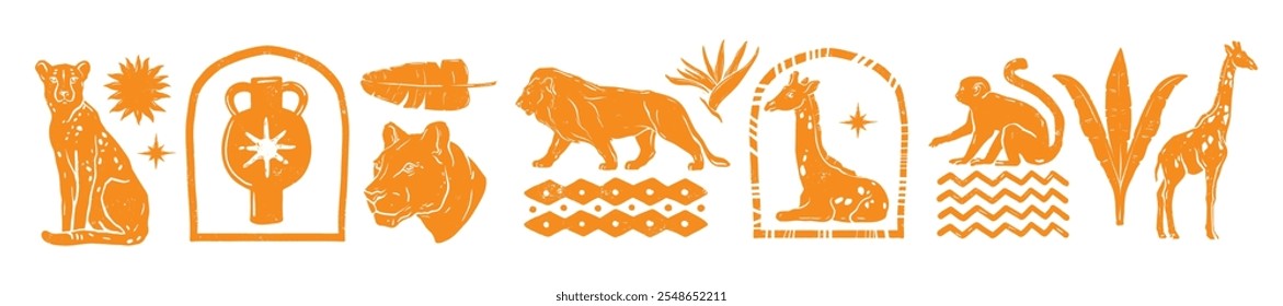 Conjunto de logotipos de animales de África, ilustración de naturaleza salvaje de linocut de Vector, mono, león, guepardo, jirafa. Tradicional signo exótico étnico abstracto marco de hoja de planta tropical impresión. Animal africano dibujado a mano 