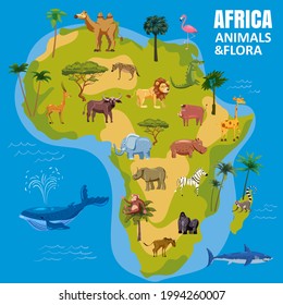 continente del mapa del mundo animal africano. Establezca animales tropicales en la flora silvestre de la fauna de la selva salvaje. Ilustración de estilo de dibujos animados