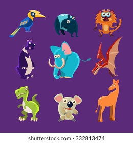 Africa Animals and Dinosaurs with Emotions, Vector Illustration Set