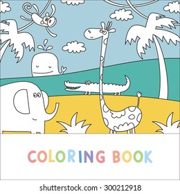 Africa Animals funny cartoon. Coloring page