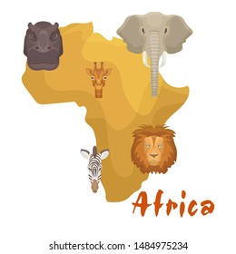 Africa animals map or continent vector illustration. Lion, elephant, zebra and giraffe cartoon savanna african animals heads on yellow Africa. Education, travelling, continents, maps.