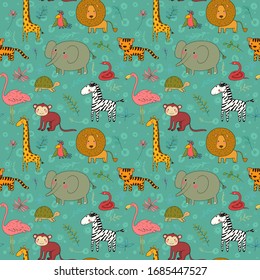 Africa animals pattern. Cartoon zoo. Funny elephant, bison, parrot, monkey and turtle.