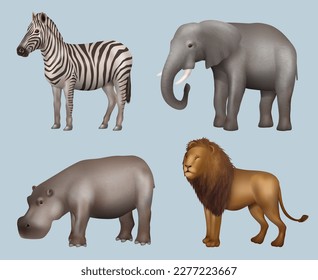 Africa animals. Realistic wild animals elephant giraffe lion Rhinoceros decent vector zoo pictures collection