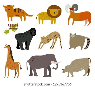  Africa animals. Safari collection with giraffe,rhino, tiger, lion, gorilla, lemur, elephant, goat, cheetah. Transparent background. Flat design. Vector 