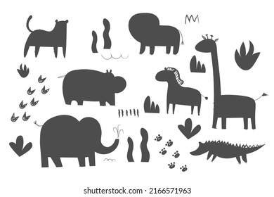 Africa animals silhouettes, isolated on white background vector illustration. Africa animals contour. Africa mammals big vector set. Hippo, elephant, giraffe, lion icon EPS