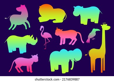 Africa animals silhouettes, isolated on white background vector illustration. Africa animals contour. Africa mammals big vector set. Hippo, elephant, giraffe, lion icon EPS