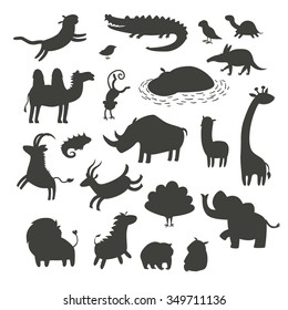 Africa animals silhouettes,isolated on white background vector illustration.Africa animals contour.Africa mammals big vector set.Preschool, baby, drawn, educations. Hippo, elephant, giraffe, lion icon