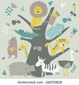 Africa animals sitting on a tree. Cute alligator, tiger, lion, monkey, elephant, rhino, hippo, ostrich and zebra in cartoon style.
