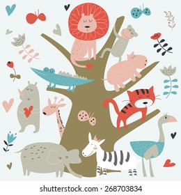 Africa animals sitting on a tree. Cute alligator, tiger, lion, monkey, elephant, rhino, hippo, ostrich and zebra in cartoon style.