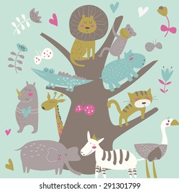 Africa animals sitting on a tree. Cute alligator, tiger, lion, monkey, elephant, rhino, hippo, ostrich and zebra in cartoon style.