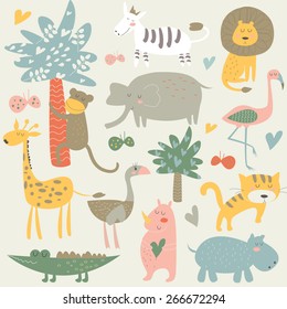 Africa animals in vector set. Cute tiger, alligator, lion, elephant, rhino, hippo, ostrich, monkey, flamingo and zebra in cartoon style.