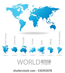 Africa. Antarctica. Asia. Australia. Europe. North america. South america. World Map vector Illustration.