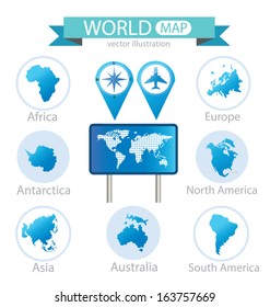 Africa. Antarctica. Asia. Australia. Europe. North america. South america. World Map vector Illustration.