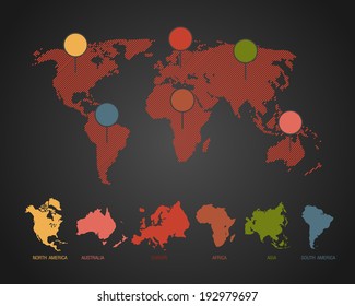Africa. Antarctica. Asia. Australia. Europe. North america. South america. World Map vector Illustration.