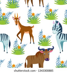 Africa, antelope, Zebra, seamless pattern vector illustration