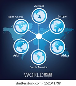 Africa. Asia. Australia. Europe. North america. South america. Modern globe. vector Illustration.