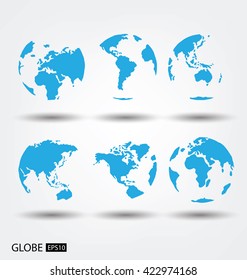 Africa. Asia. Australia. Europe. North America. South America. Globe Vector Illustration.